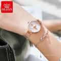 Marca OLEVS feminina resistente à água de quartzo relógio de pulso moda vestido rosa ouro lindo relógio borboleta para senhora